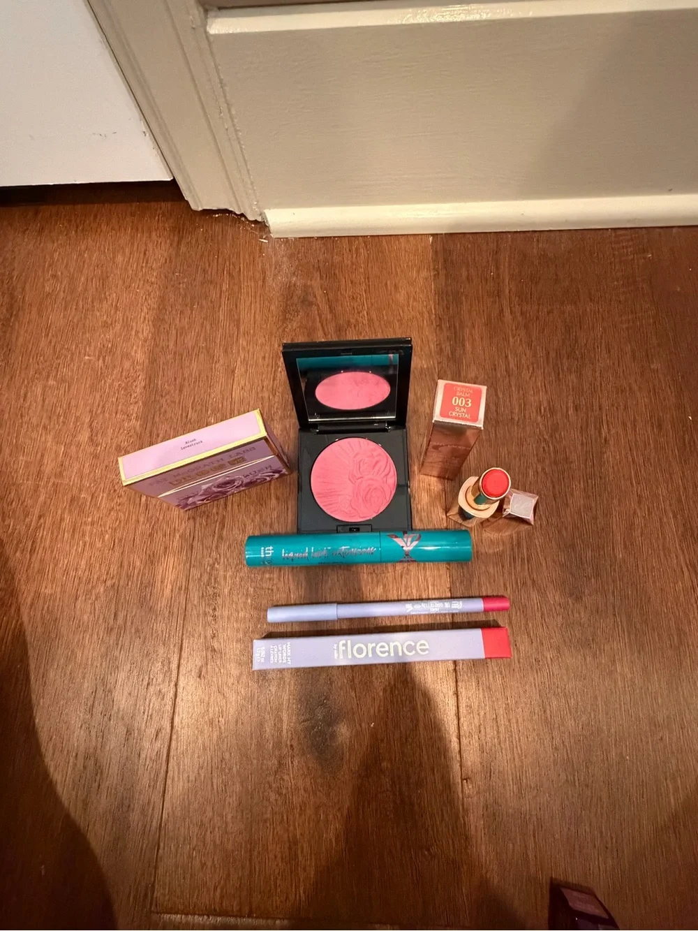 Pat McGrath Pink Pressed Blush Duo with Coral Lipstick, lip liner, trive mascara